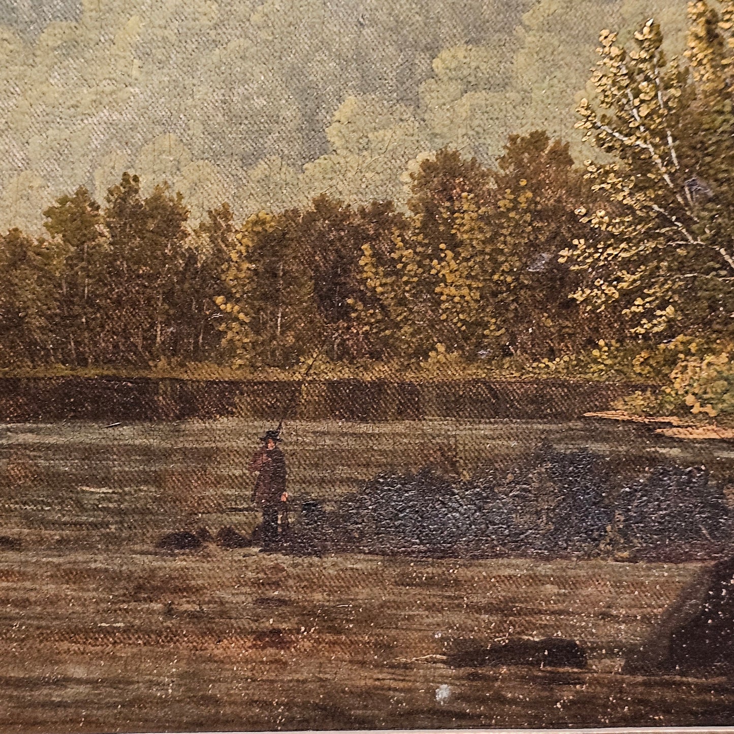 Antique Hudson River School Painting on Canvas of Men Fishing in River
