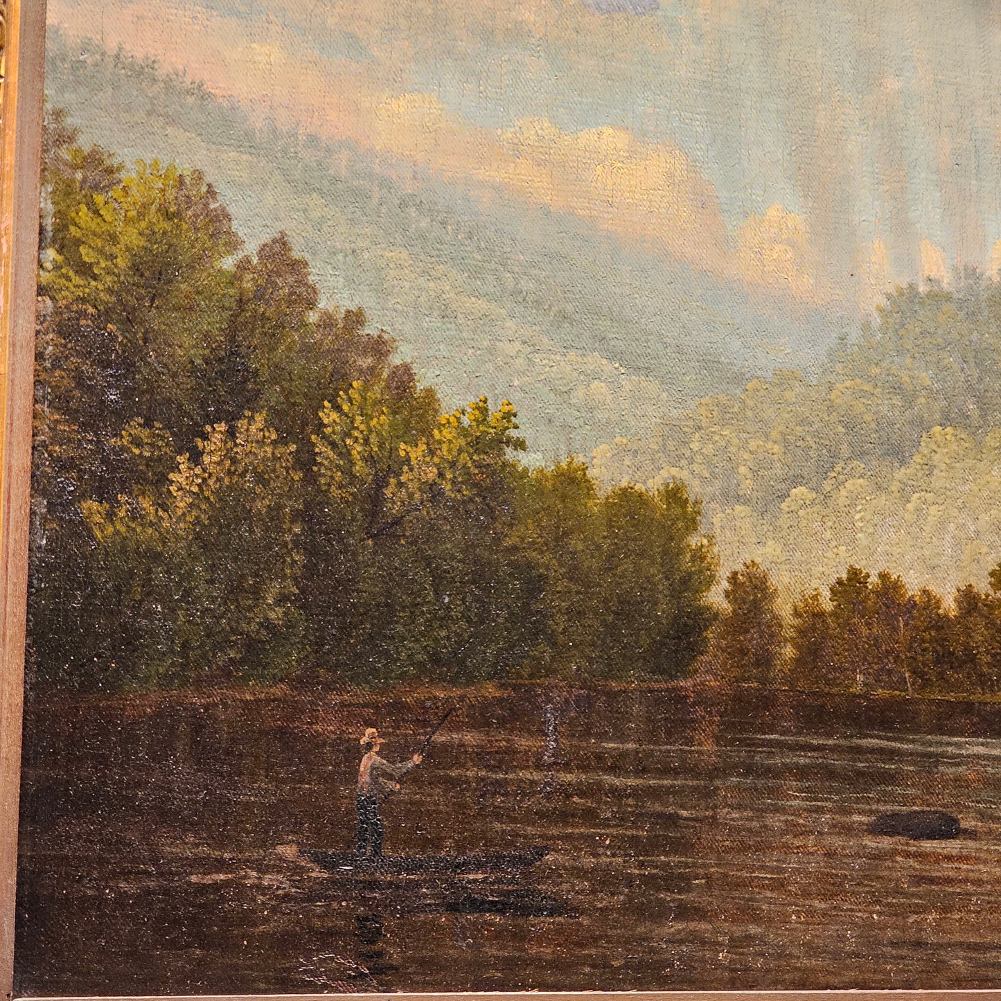 Antique Hudson River School Painting on Canvas of Men Fishing in River