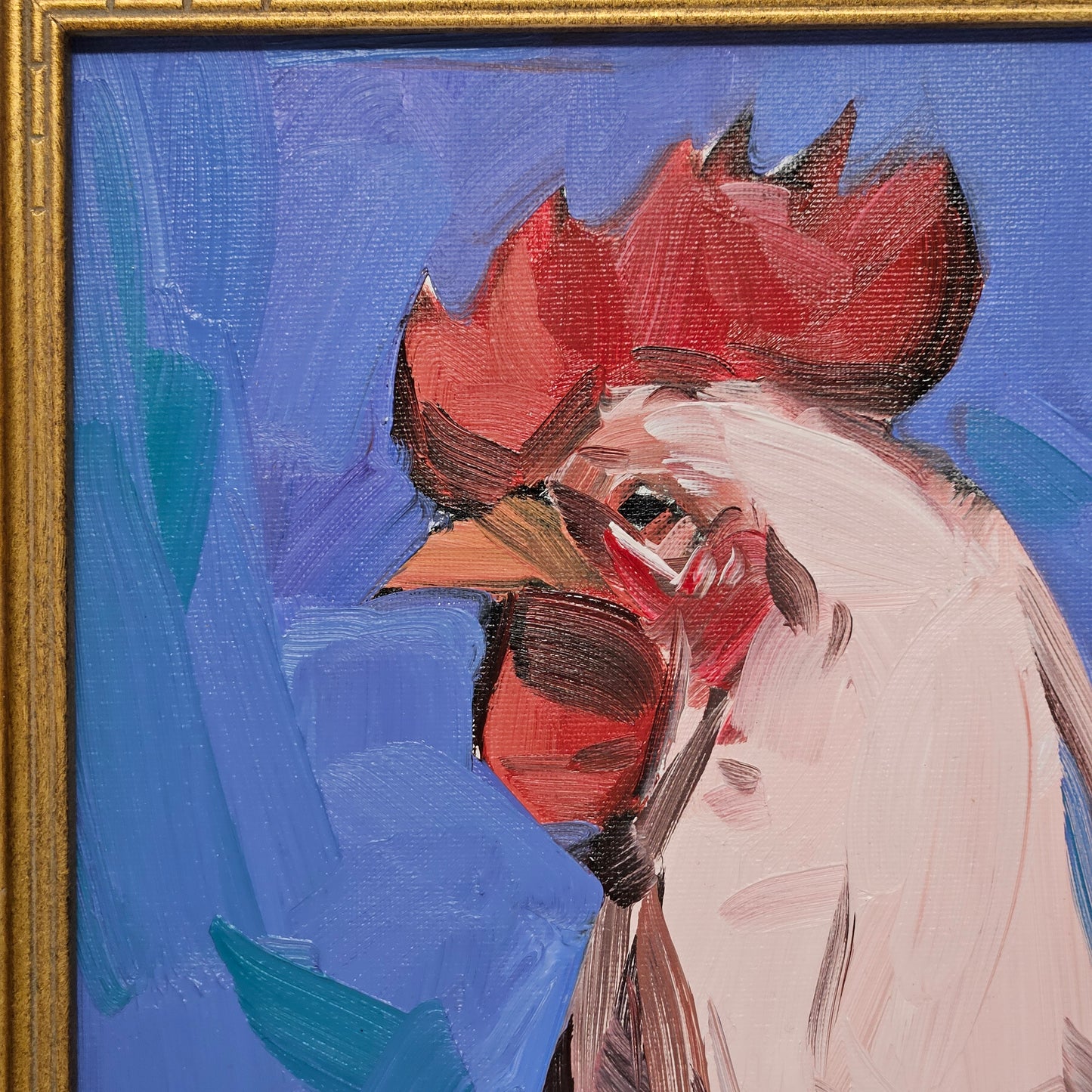 "Chicken Portrait" Oil Painting on Canvas by Jose Trujillo in Gold Frame