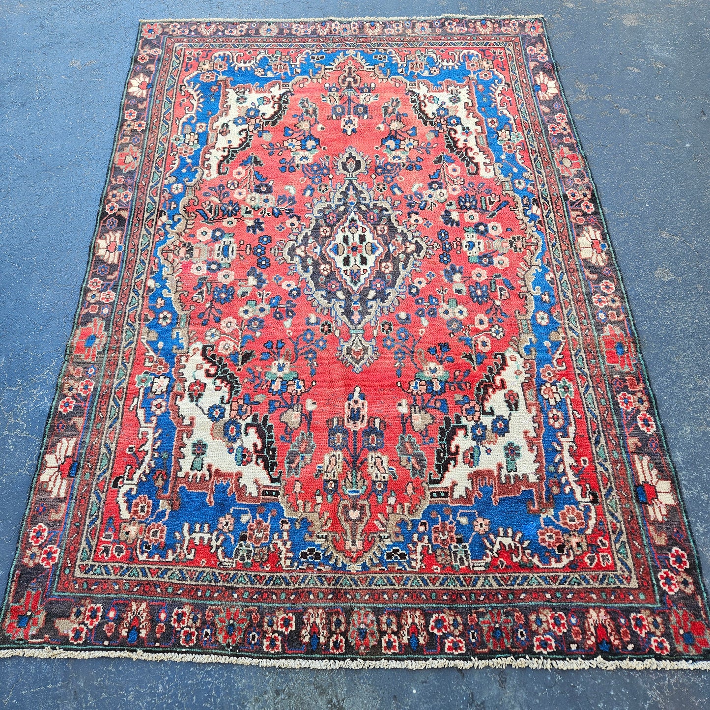 Antique 100% Wool Hand Knotted Red Rug / Carpet - 6' 4" x 9' 2"