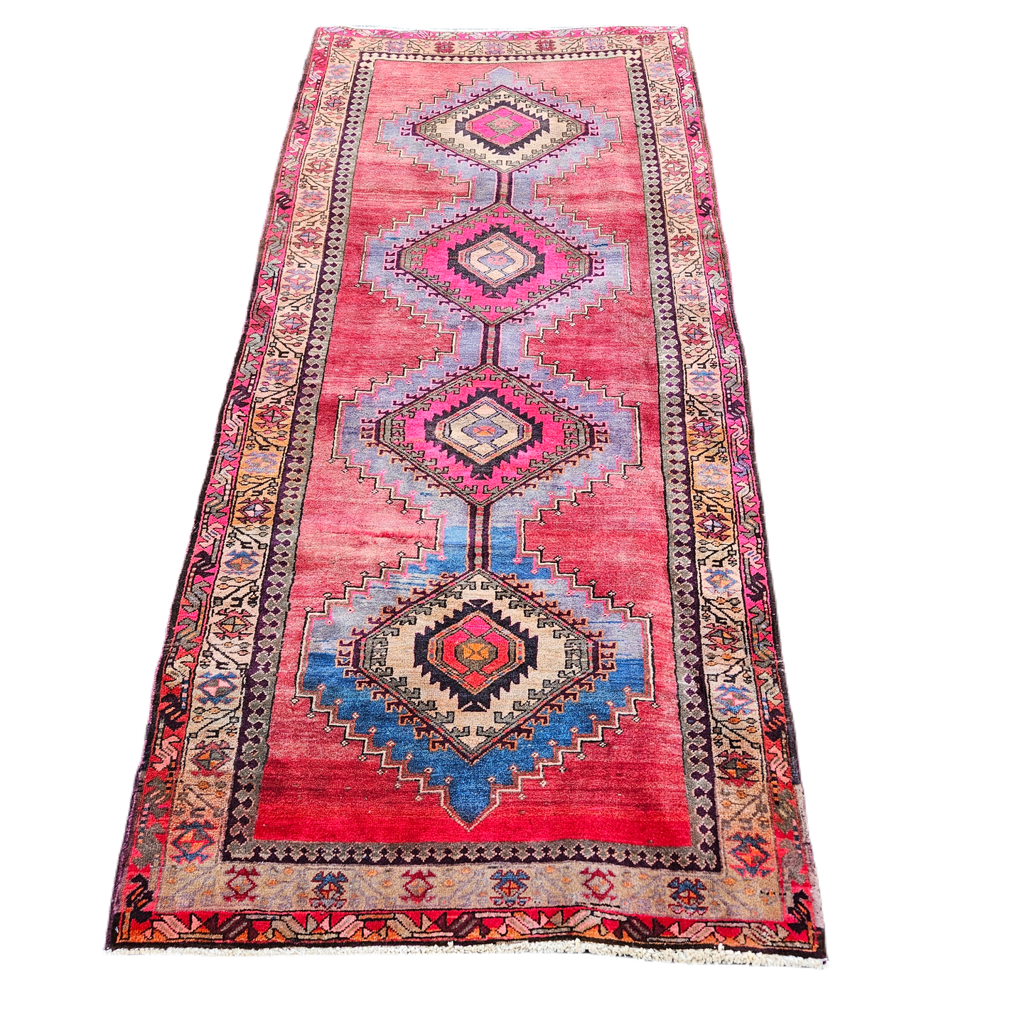 Antique 100% Wool Hand Knotted Red Runner Rug - 3' 10" x 8' 4"