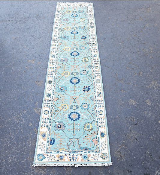 100% Wool Hand Knotted Blue Runner - 2' 7" x 10' 3"