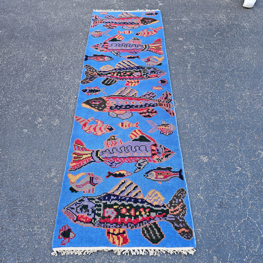100% Wool Hand Knotted Blue Fish Runner - 2' 6" x 7' 11"
