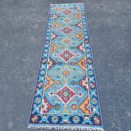 100% Wool Hand Knotted Blue Runner - 2' 7" x 8' 3"