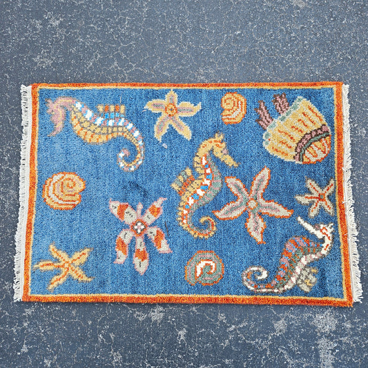 100% Wool Hand Knotted Blue Sealife Rug - 2' x 3'