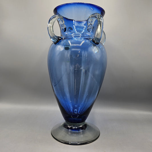 Large Handblown Blue Glass Vase with Handles