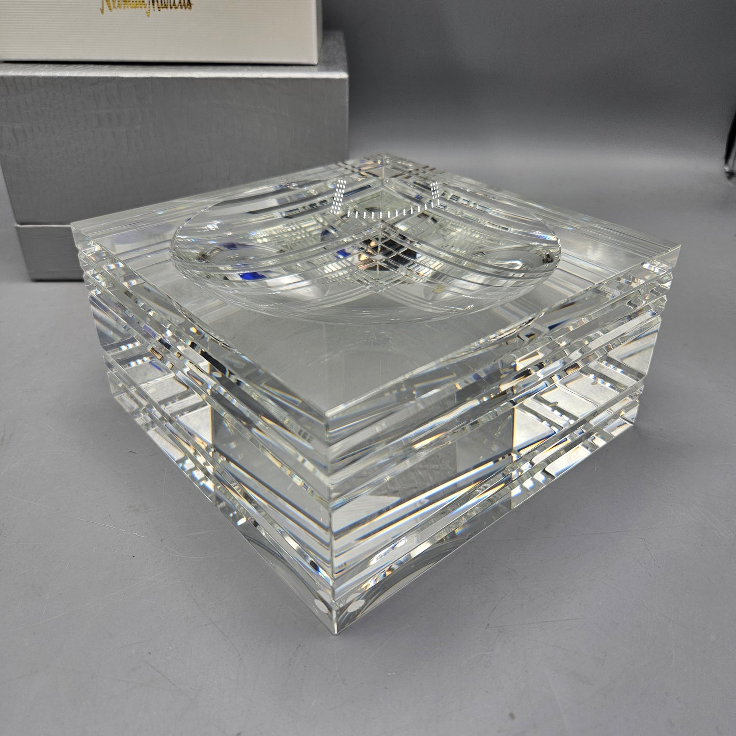 Veritas Clear Handmade Decorative Art Glass Diamond Etched Square Convex Bowl with Original Box