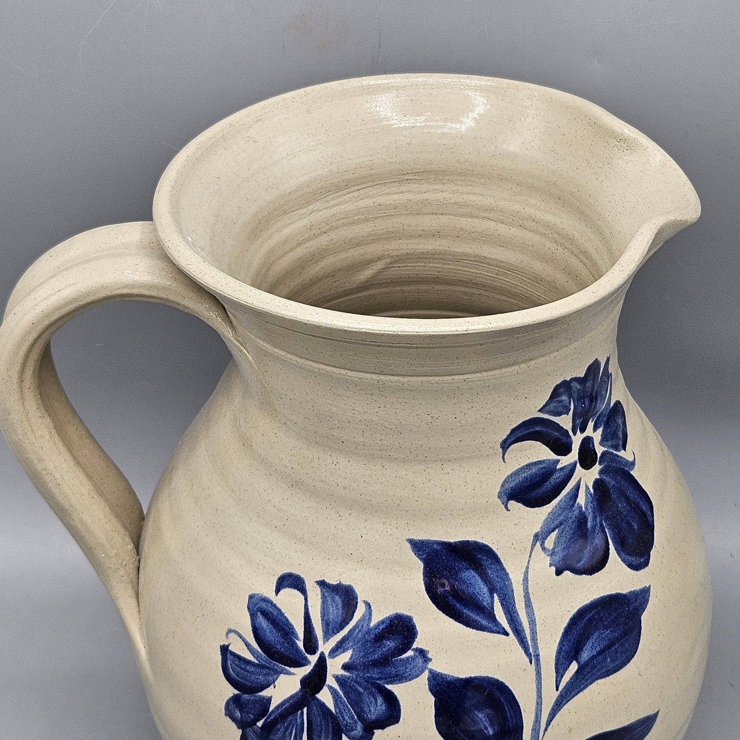Williamsburg Pottery Factory Inc. Pitcher Salt Glaze Cobalt Blue Floral Design