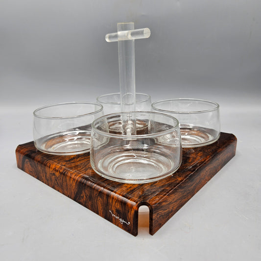 Vintage Morgan Faux Wood Lucite Serving Tray with 4 Glasses