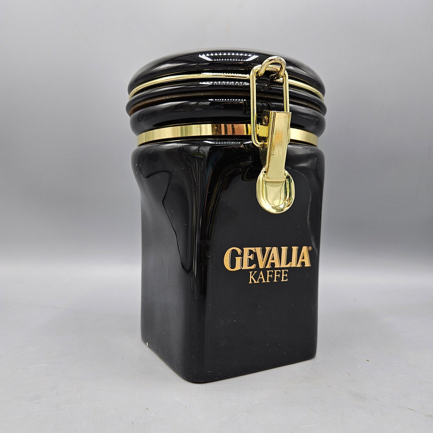 Gevalia Kaffe Airtight Coffee Canister Black with Brass Latch & Gold L