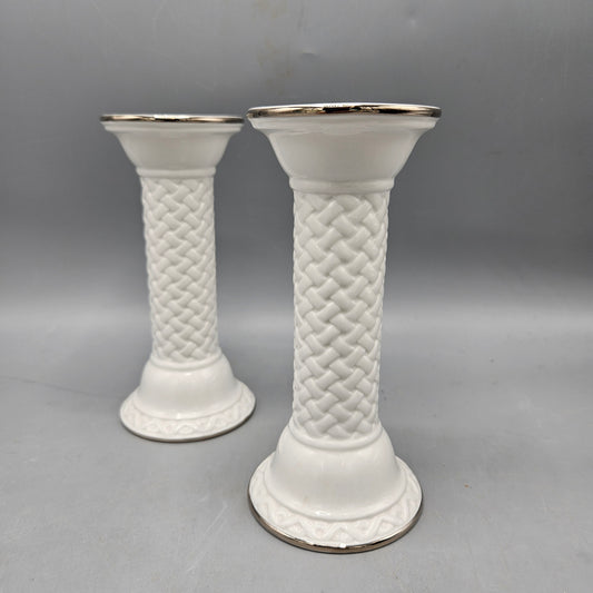 Pair of Lenox Porcelain Basket Weave Pattern Candlestick Holders