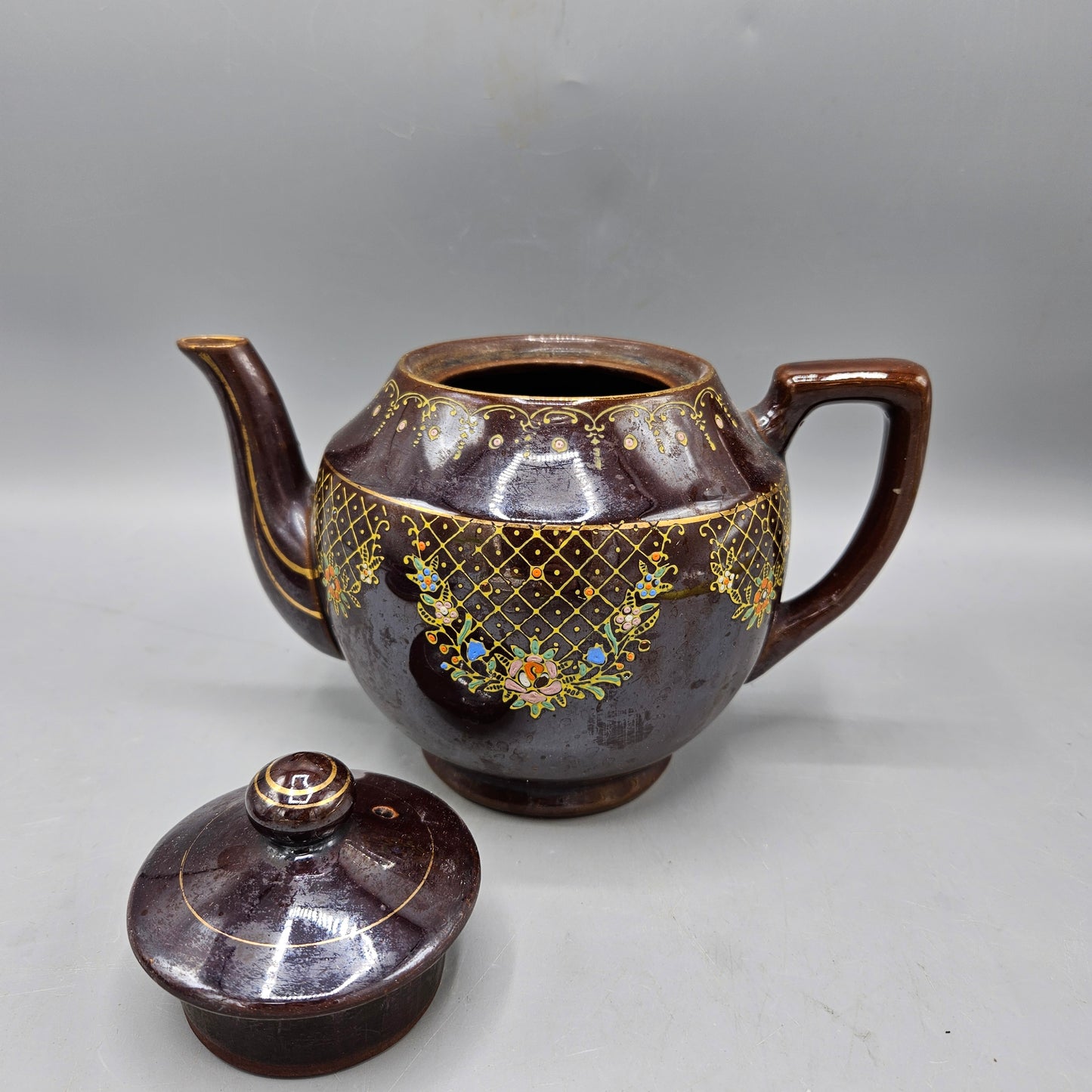 Antique Brown and Gold Moriage Teapot Handpainted in Japan