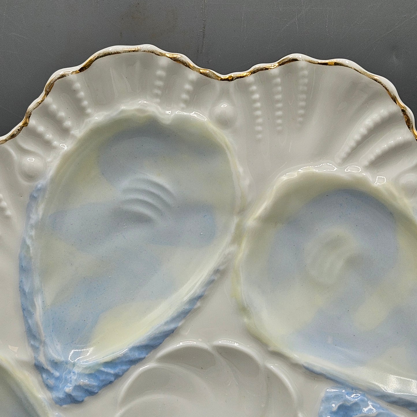 Vintage Blue & White Oyster Plate with Gold Rim