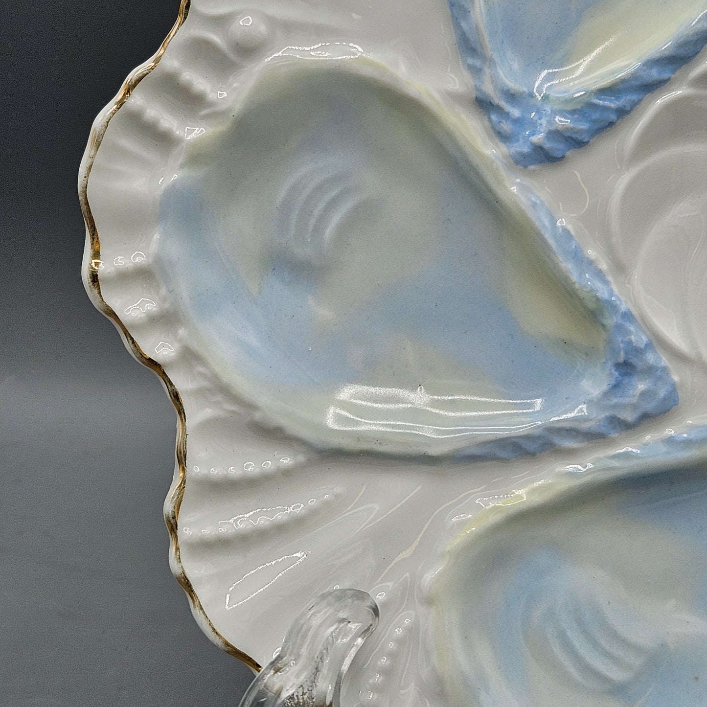 Vintage Blue & White Oyster Plate with Gold Rim
