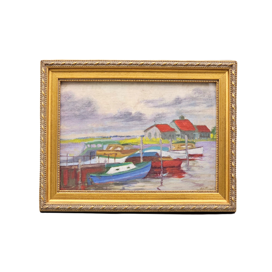 Vintage Painting on Canvas of Harbor Seascape in Gold Frame - TK Gramm (PAFA)