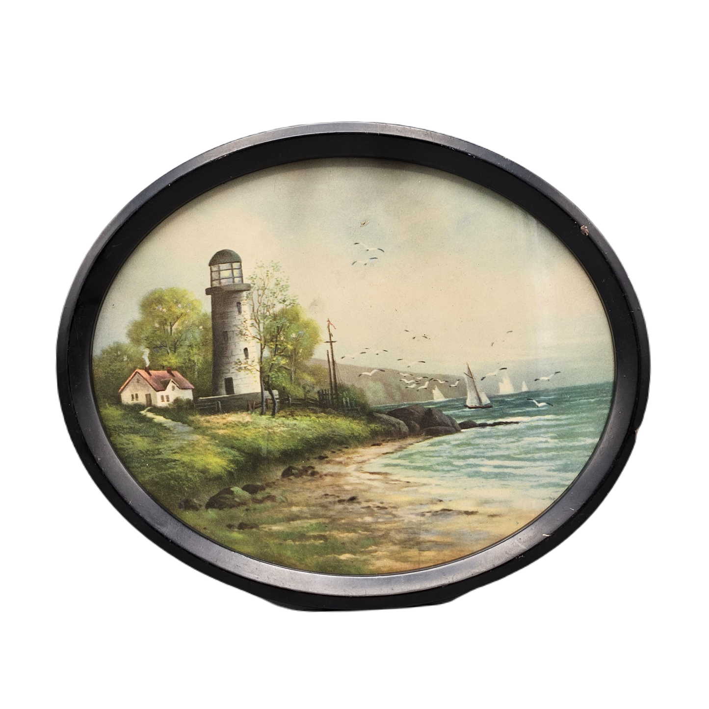 Vintage Artwork of Lighthouse & Ocean Scene in Black Oval Picture Frame with Glass