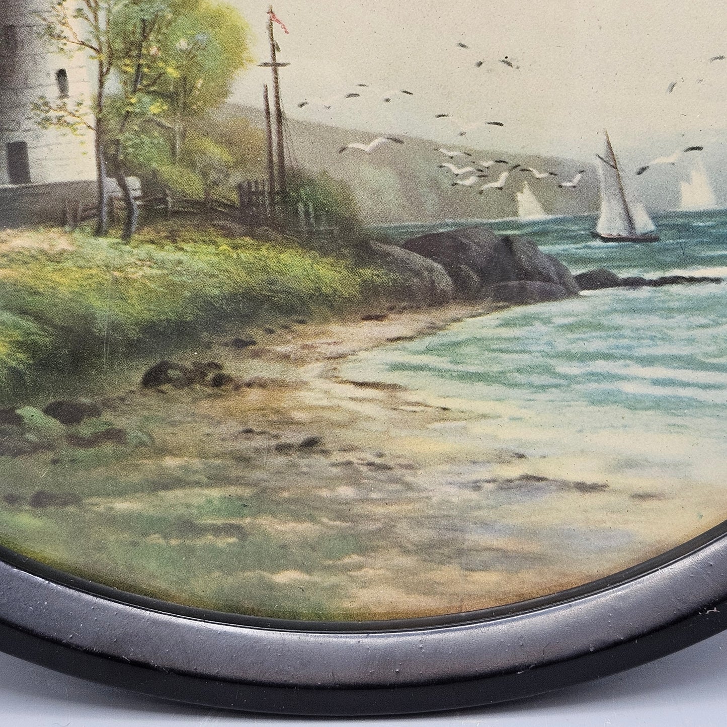 Vintage Artwork of Lighthouse & Ocean Scene in Black Oval Picture Frame with Glass