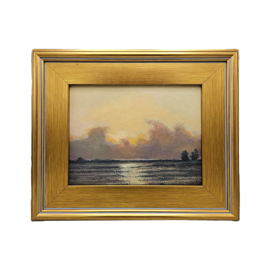 Moody Decorator Oil Painting on Board of Sunset in Gold Frame