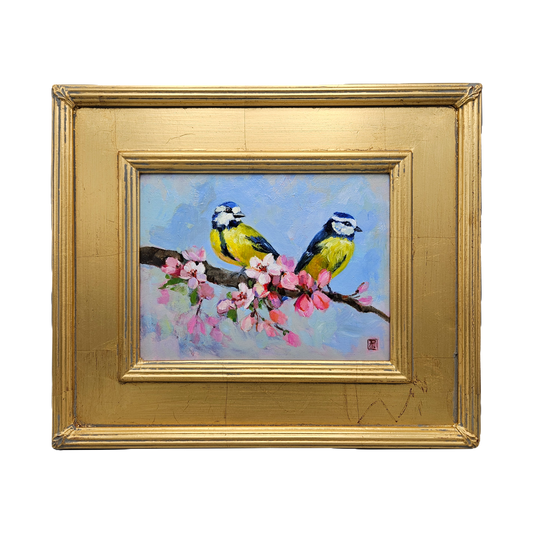Decorator Oil Painting on Board of Birds on Branch in Gold Frame