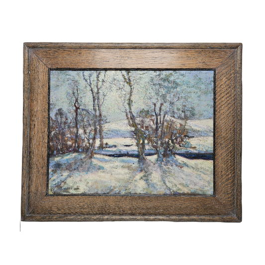 Wilson Henry Irvine (1869-1936) Oil Painting on Board of Snowy Scene in Rustic Wooden Frame