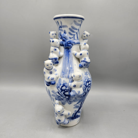 Vintage Chinese Fertility Blue & White Porcelain Vase with Climbing Children Boys