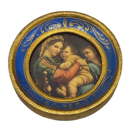Vintage Italian Florentine Madonna of the Chair by Raphael in Framed Round Gilded Frame