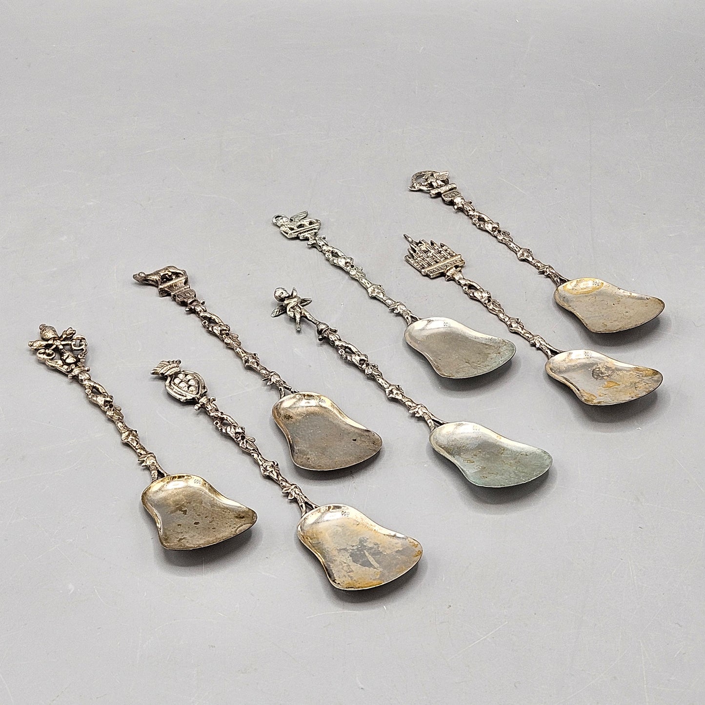 Set of 7 Vintage 800 Silver Figural Spoons from Italy with Shovel Bowls