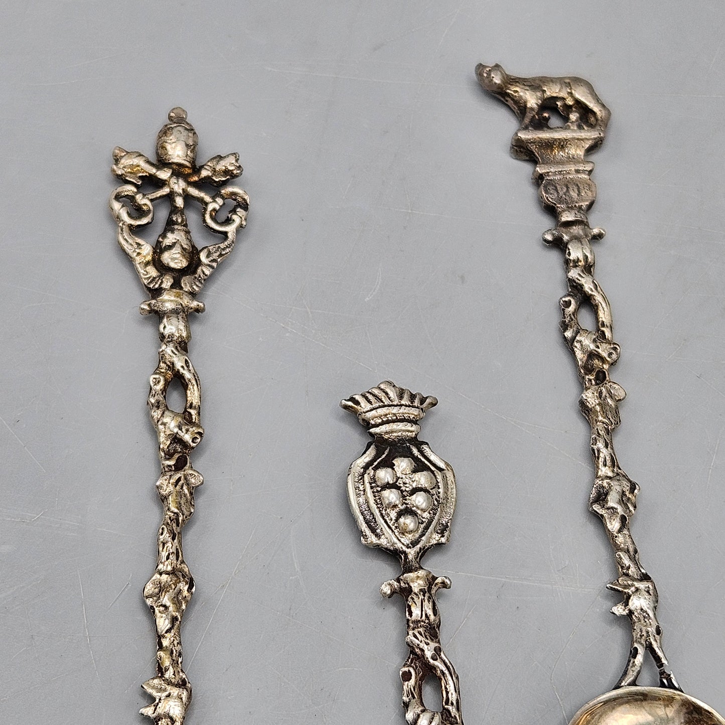 Set of 7 Vintage 800 Silver Figural Spoons from Italy with Shovel Bowls