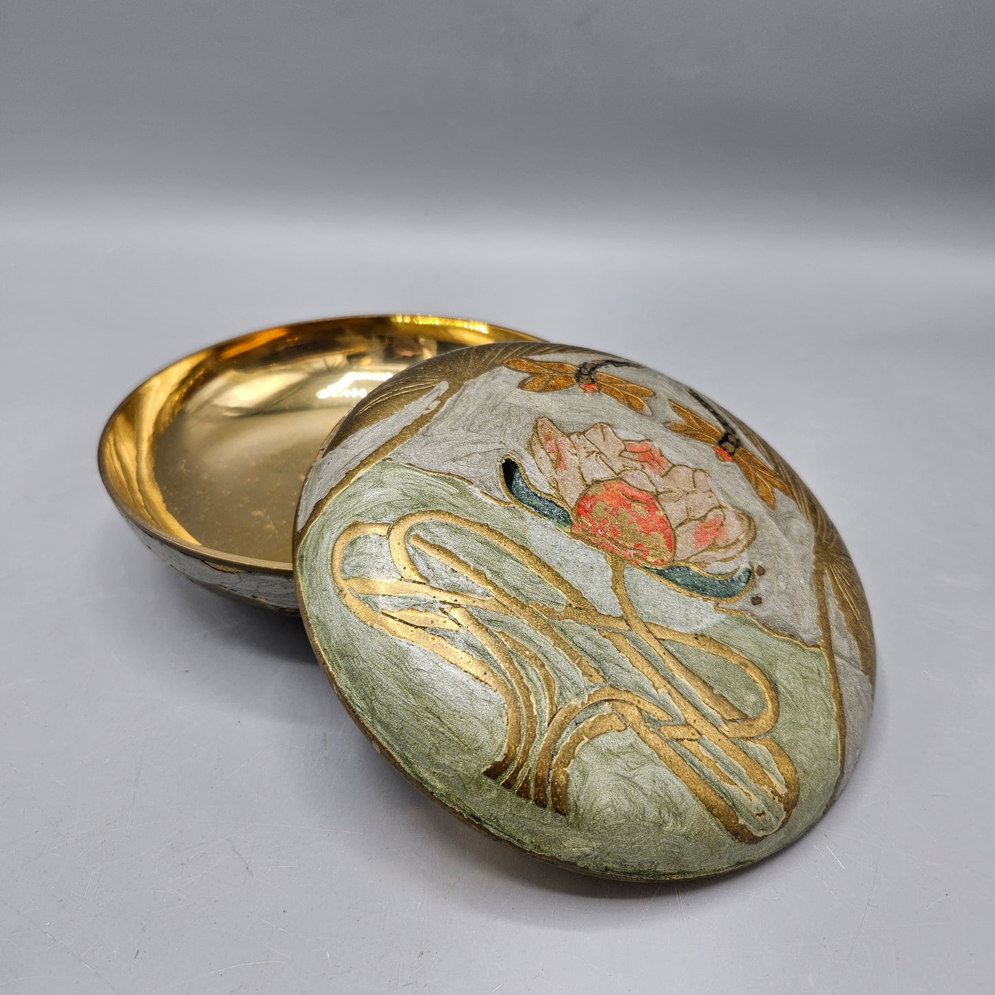 Vintage Brass Trinket Box with Lid & Painted Lotus Flower