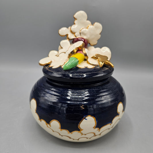 Whimsical Vintage Art Pottery Trinket Bowl with Stars & Clouds Lid