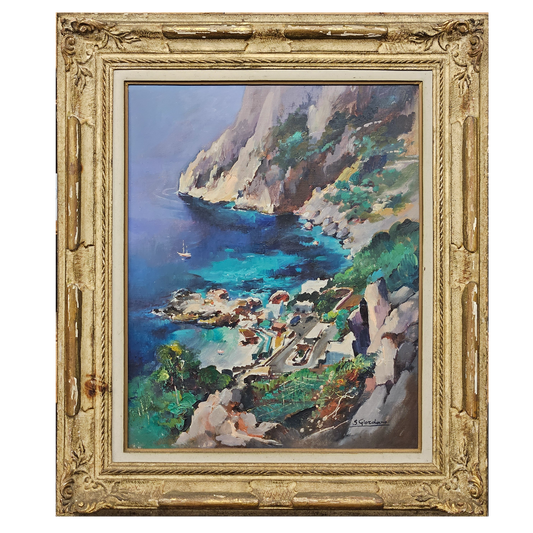 Vintage Signed Italian Coastal Scene Oil on Canvas Painting in Embellished Gold Frame