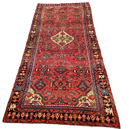100% Wool Antique Hand Knotted Red Rug / Carpet ~ 4' 6" x 9' 8"