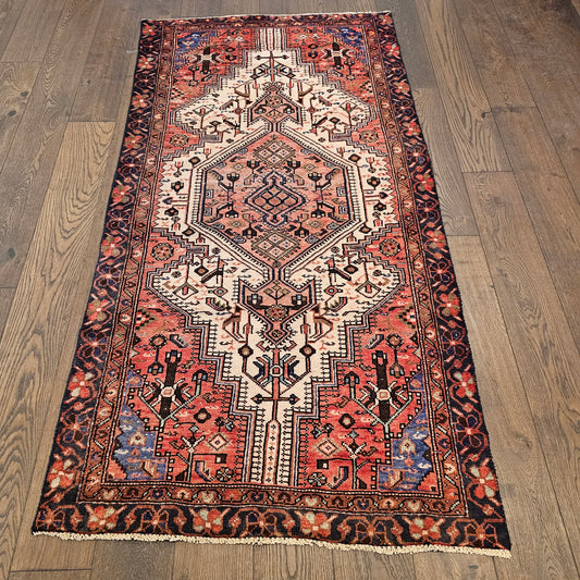 100% Wool Antique Hand Knotted Red Runner ~ 3' 10" x 7' 8"