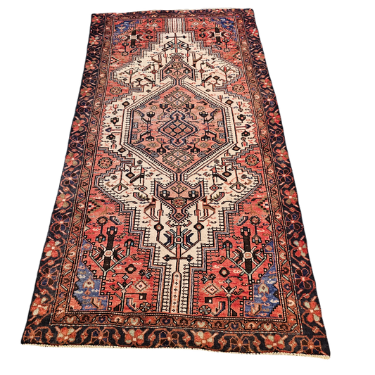 100% Wool Antique Hand Knotted Red Runner ~ 3' 10" x 7' 8"
