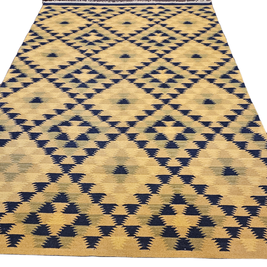 100% Wool Hand Knotted Yellow & Blue Rug / Carpet ~ 9' x 12' 5"