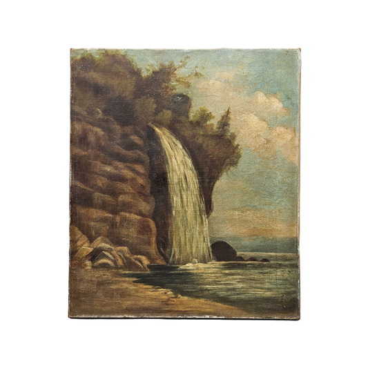 Vintage Unframed Oil on Canvas Painting of Waterfall