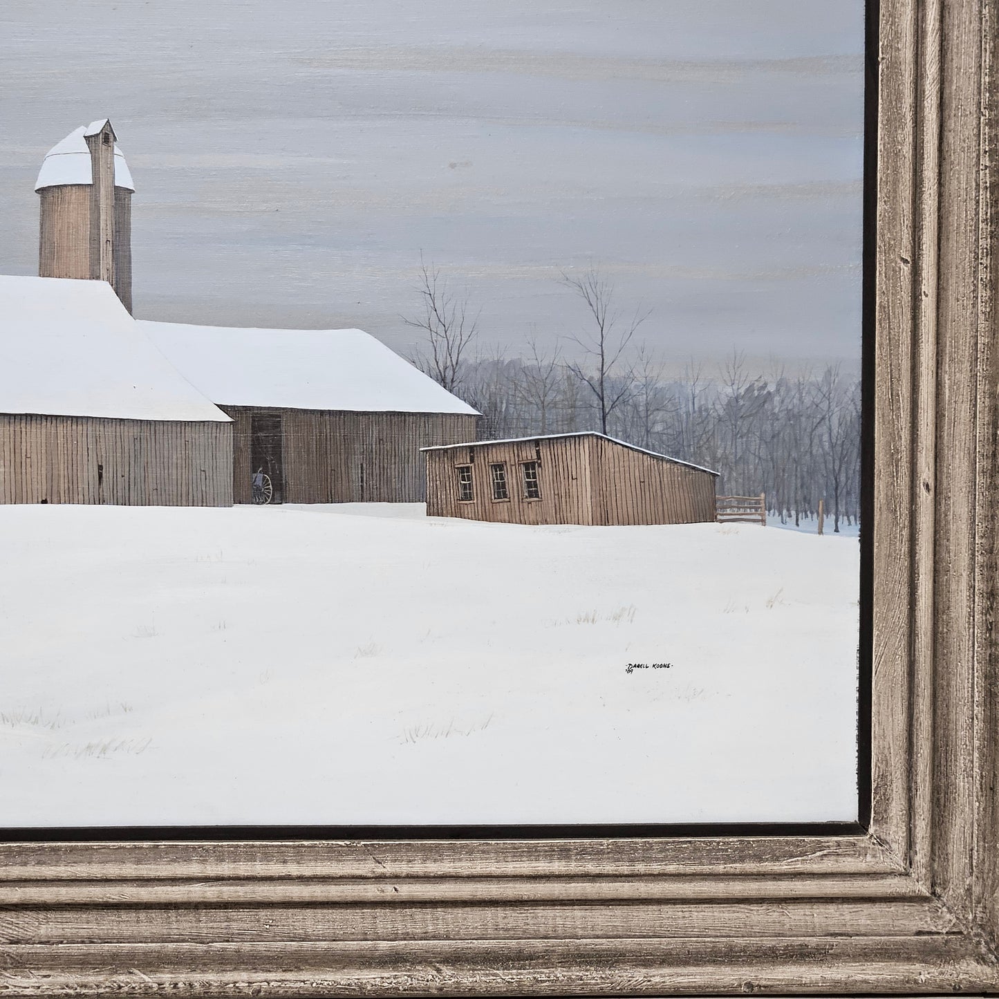 Vintage Darell Koons Acrylic on Panel Painting " Winter Farm Near Three Rivers, Mich"