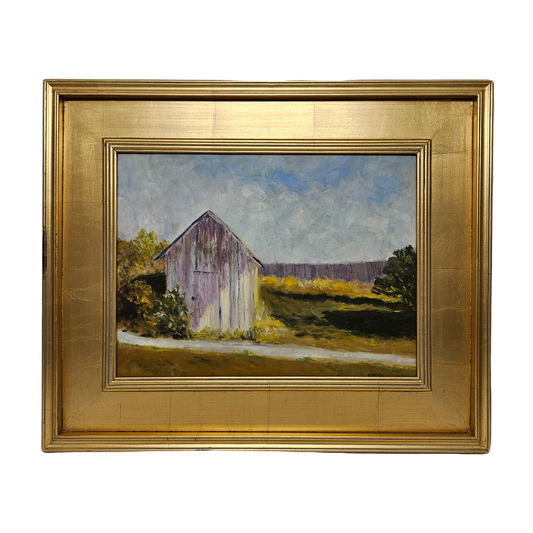 Artist Signed Oil Painting on Board of Farm Landscape in Gold Frame