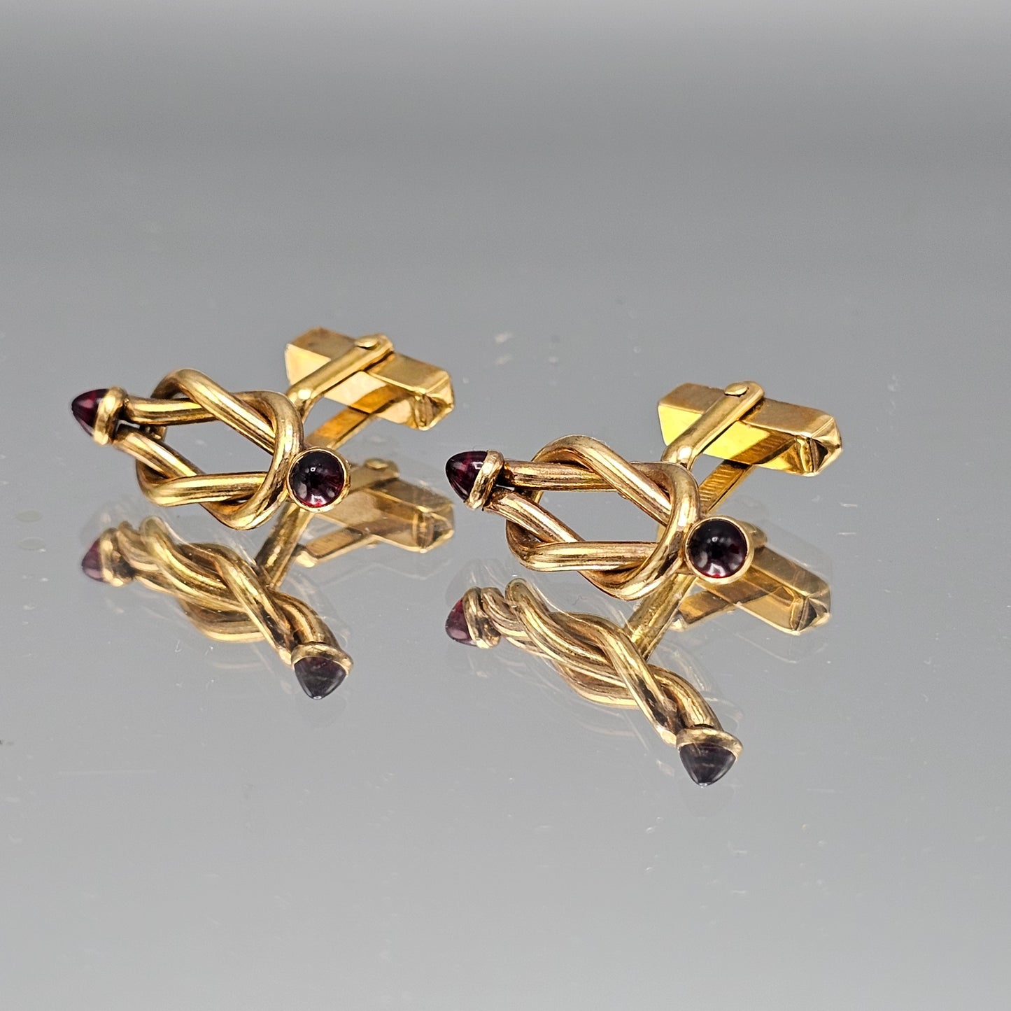 Vintage Swank Gold Plated Knot Design Cufflinks with Red Glass Ends