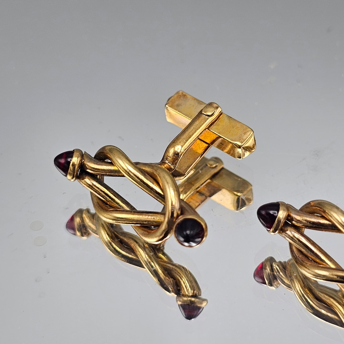 Vintage Swank Gold Plated Knot Design Cufflinks with Red Glass Ends