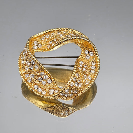 Vintage Gold Toned Circle Textured Ribbon Rhinestone Pin Brooch