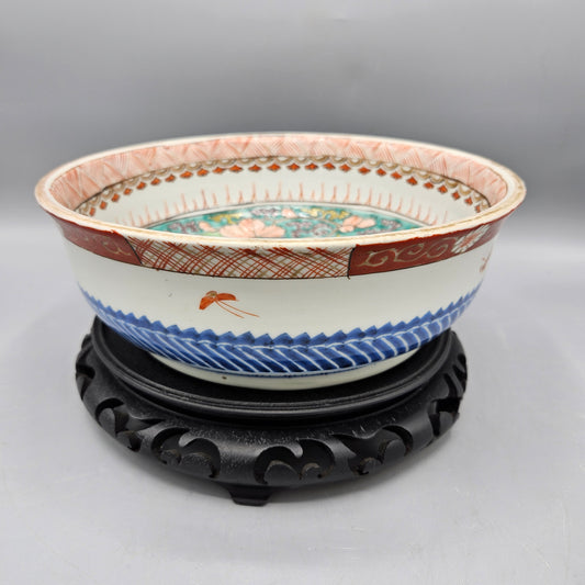 Vintage Porcelain Bowl with Bird Center on Wooden Stand