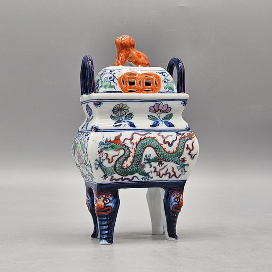 Vintage Chinese Porcelain Incense Burner with Animal Finial