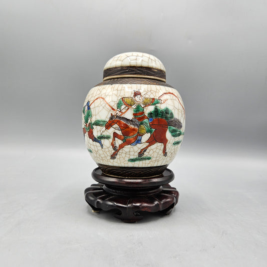Chinese 20th c Nanking Crackle Vase China Warrior on Horse with Wooden Base