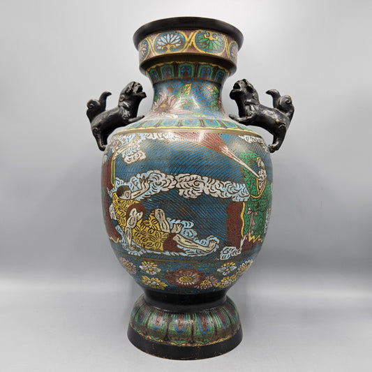 Beautiful Bronze and Champlevé Enamel Baluster-Shaped Vase Decorated with Mythological Scenes & Foo Dogs Handles