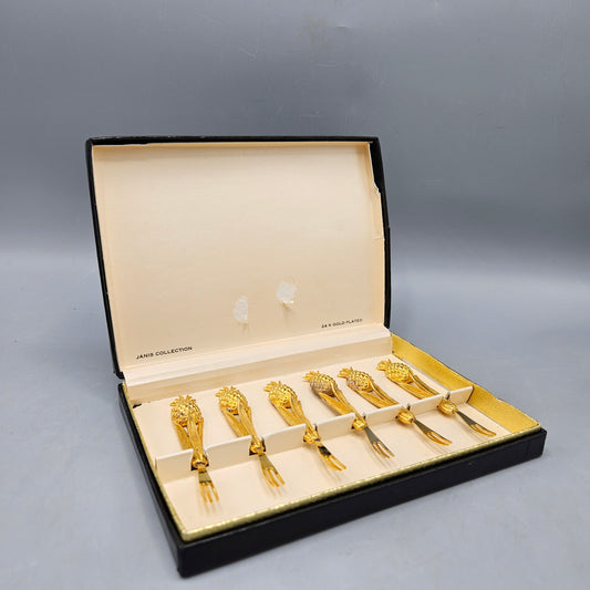 Vintage Set of 6 Janis Collection 24 K Gold Plated Cocktail Pineapple Forks Hors D'oeuvres with Original Box