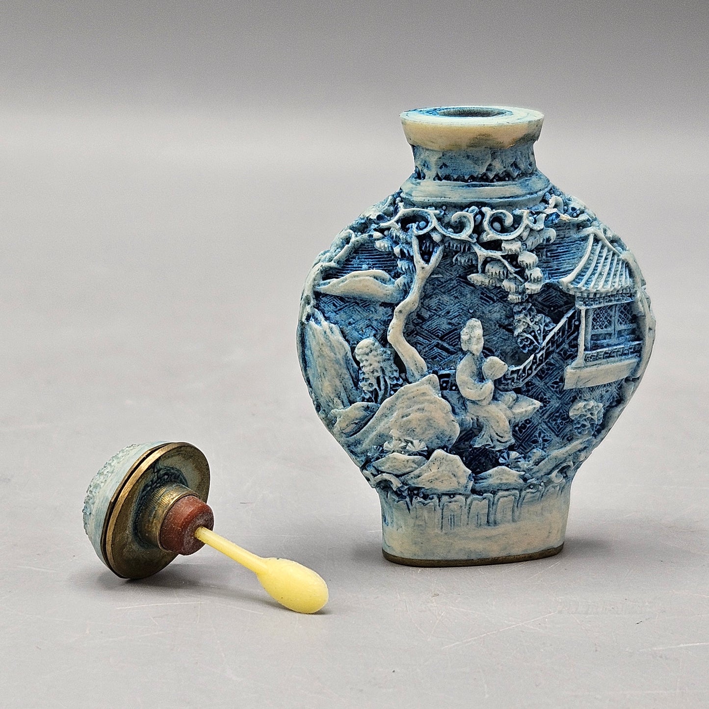 Vintage Blue Japanese Snuff Bottle with Geisha & Scholars