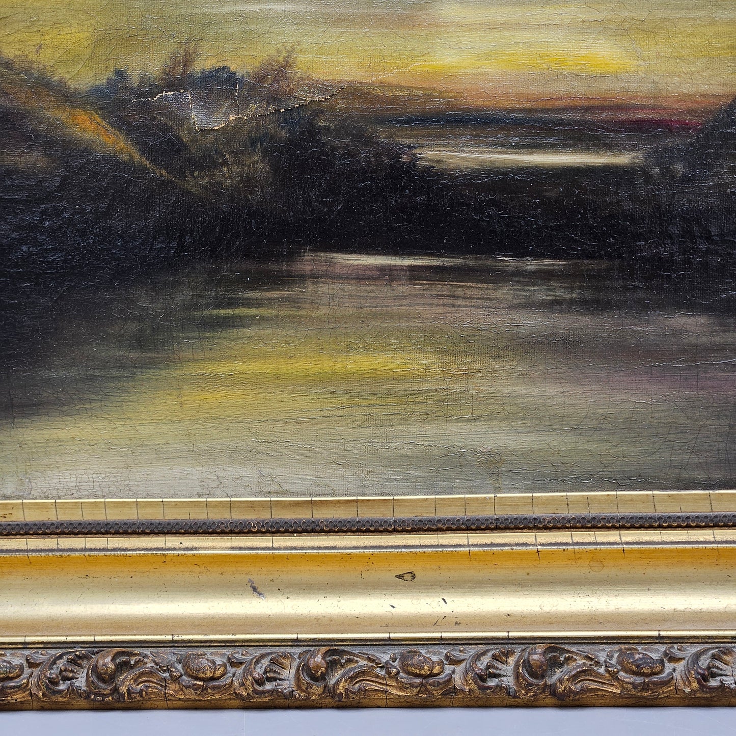 Antique Oil on Canvas Landscape Painting of Lake with Trees