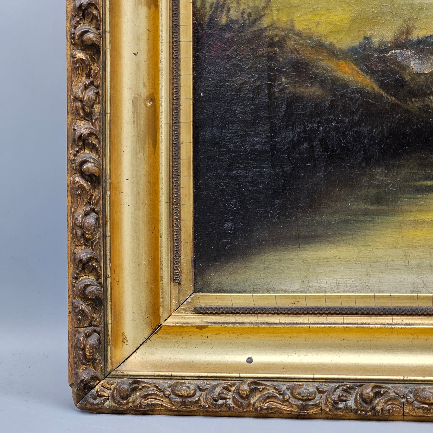 Antique Oil on Canvas Landscape Painting of Lake with Trees