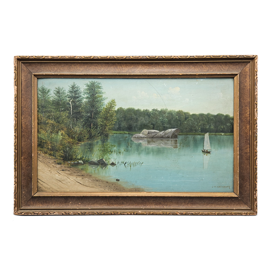 Vintage Signed J. M. Hathaway (1877-1958) Oil on Board Painting of a Lake Scene with Boat